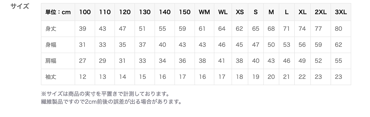 Tシャツサイズ表